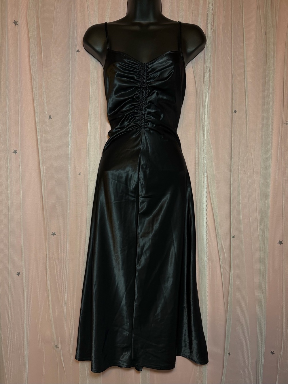 a new day Satin Spaghetti Strap Midi Dress in Black